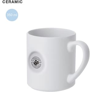 A ceramic white mug with a round handle and a logo, holding 350 ml.