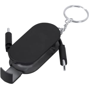 A black multifunction charging cable with connectors and a keychain attachment.