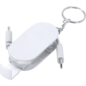 A white multifunction charging cable with a keychain attachment, featuring various connector ends.
