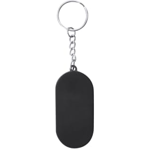A black keyring with a smooth oval-shaped tag attached by a metal chain.