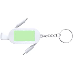 A white multifunction charging cable on a keychain, featuring two connectors and a blank area for branding.
