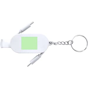 A white multifunction charging cable with a keychain, featuring two connectors and a blank area for branding.