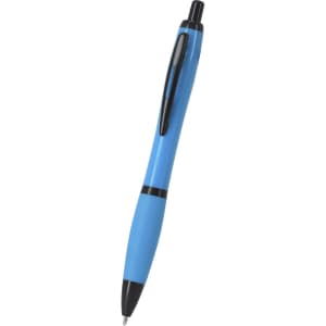 A blue plastic pen with a black grip and clip, featuring a logo.