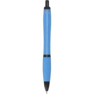 A blue plastic pen with a black tip and grip, featuring a logo on its body.