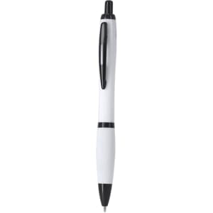 A plastic pen in white with black accents, featuring a writing tip and a clip for easy carrying.