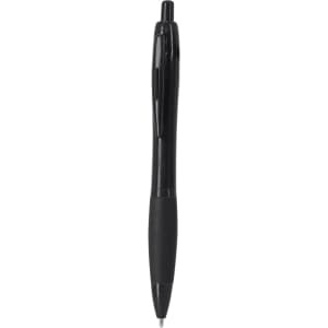 A black plastic pen featuring a grip section and a clip, with a logo visible on the body.