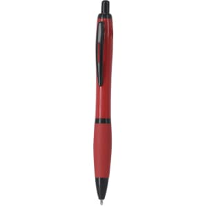 A red plastic pen with a black grip and clip, featuring a branding logo.