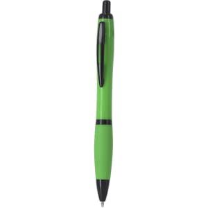 A green plastic pen with black accents and a click mechanism, featuring a logo on its surface.