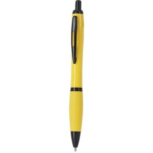 A yellow plastic pen with black accents and a clip, featuring a logo on its barrel.
