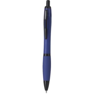 A blue plastic pen with a sleek design and black accents, featuring a branding logo.