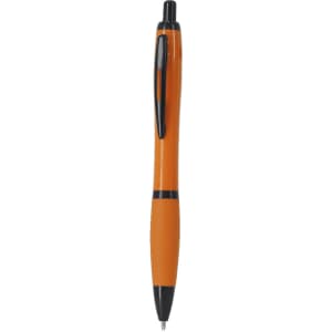 An orange plastic pen with black accents and a clip, featuring a logo on the barrel.