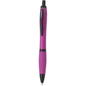 A pink plastic pen with a black clip and tip, featuring a logo on its barrel.