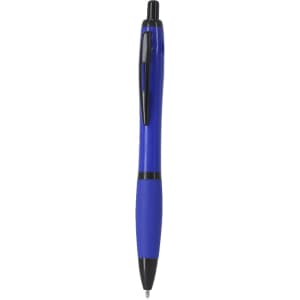 A blue plastic pen with a black grip and clip, featuring a logo.
