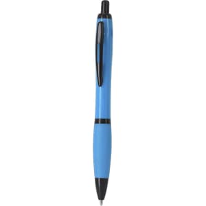 A plastic pen in a vibrant blue colour with black accents and a clip, featuring a branding logo.