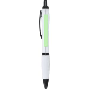 A plastic pen featuring a white body, black accents, and a green section for branding. It has a clip for easy attachment.