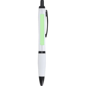 A white plastic pen with a green accent, featuring a clip and black details, alongside a logo.