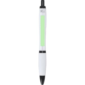 A plastic pen featuring a white barrel and black accents, with a green area for branding.
