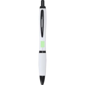 A plastic pen in white with black accents and a small green square, featuring a logo on its barrel.