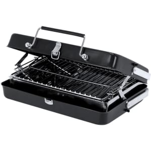 A portable black barbecue grill with a metallic cooking rack, opened and displaying its interior.