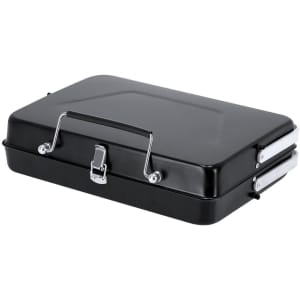 A black barbecue set case with a handle and metal clasps, designed for outdoor cooking.