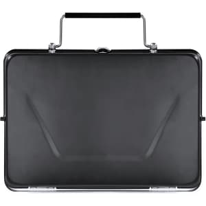 A black barbecue carry case with a metallic handle, featuring a sleek, minimal design suitable for outdoor use.