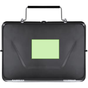 A black barbecue set case with a handle and a green label area. Features a sleek, modern design.
