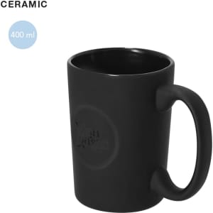 A black ceramic coffee mug with a 400 ml capacity and a curved handle. Features a logo on the side.