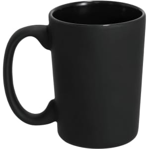 A black coffee mug with a sturdy handle and a smooth finish; features a logo.