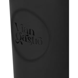 A black coffee mug featuring a logo embossed on its surface. Ideal for enjoying hot beverages.
