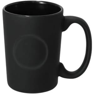 A black ceramic coffee mug with a smooth finish and a rounded handle. It features a blank space on one side.