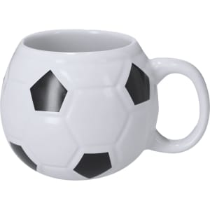 A coffee mug shaped like a soccer ball, featuring a white exterior with black pentagon designs.