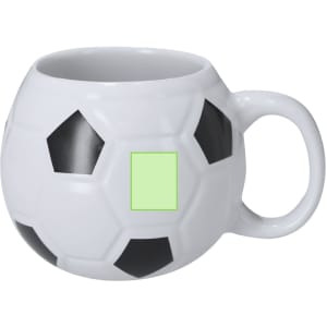 A coffee mug designed in the shape of a soccer ball, featuring black pentagonal patches on a white background.