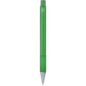 A green metal pen with a textured grip and a silver nib. It features a logo on the body.
