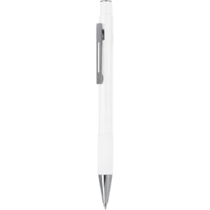 A white metal pen with a silver clip. The pen features a sleek design and a shiny finish.