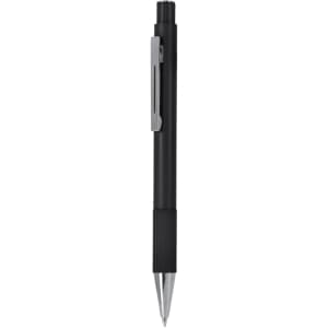A black metal pen featuring a textured grip and a clip, with a shiny silver tip, and a logo on the side.