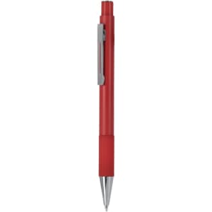 A red metal pen with a textured grip and a silver clip. The pen features a sleek design.