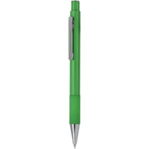 A green metal pen with a silver clip and a textured grip for easy handling.
