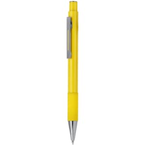 A yellow metal pen with a sleek design, featuring a silver clip and textured grip.