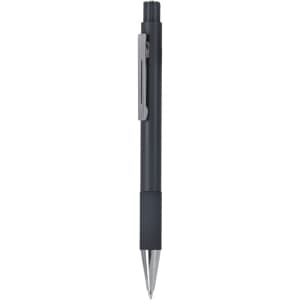 A metal pen in dark grey with a silver clip, featuring a textured grip for comfortable writing.