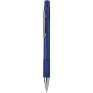 A blue metal pen with a silver clip and ribbed grip. The pen has a sleek design and features a branding logo.