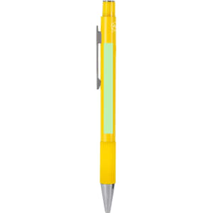 A yellow metal pen with a clip and a smooth silver tip. It features a section for branding.