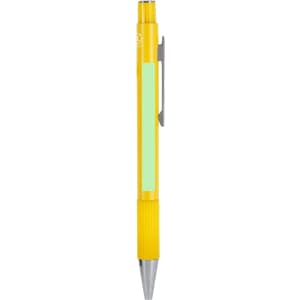 A yellow metal pen with a silver tip and a clip, featuring a logo and a blank area for customisation.