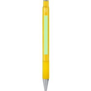 A yellow metal pen with a silver tip and a logo on the upper part of the barrel.