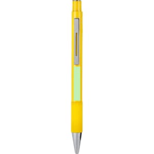 A metal pen in bright yellow with a silver clip and a transparent section. It features a logo on the clip.