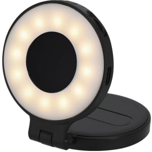A black ring light with multiple LED bulbs, designed for portable lighting. It has a foldable stand.
