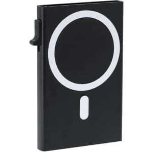 A black card holder featuring a white logo, designed for storing cards securely.