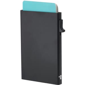 A black Alfek Card Holder featuring a blue card peeking out, with a sleek and minimalist design.