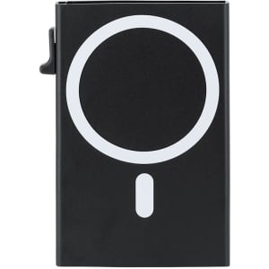 A black card holder featuring a white logo design, with a sleek and minimalist appearance.