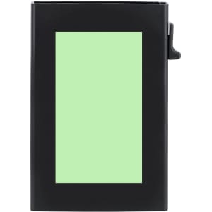 A slim black card holder with a green inset area and a side lever, featuring a logo.