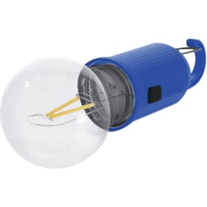 A blue lamp with a transparent spherical bulb and a handle, featuring a switch on the side.